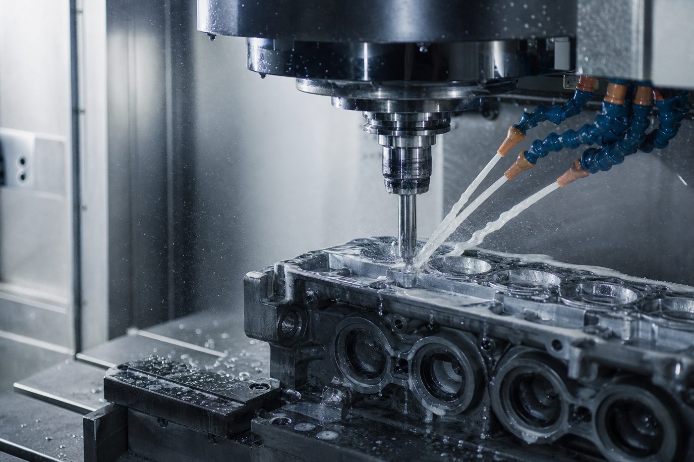 Machining centre cutting a steel automotive component