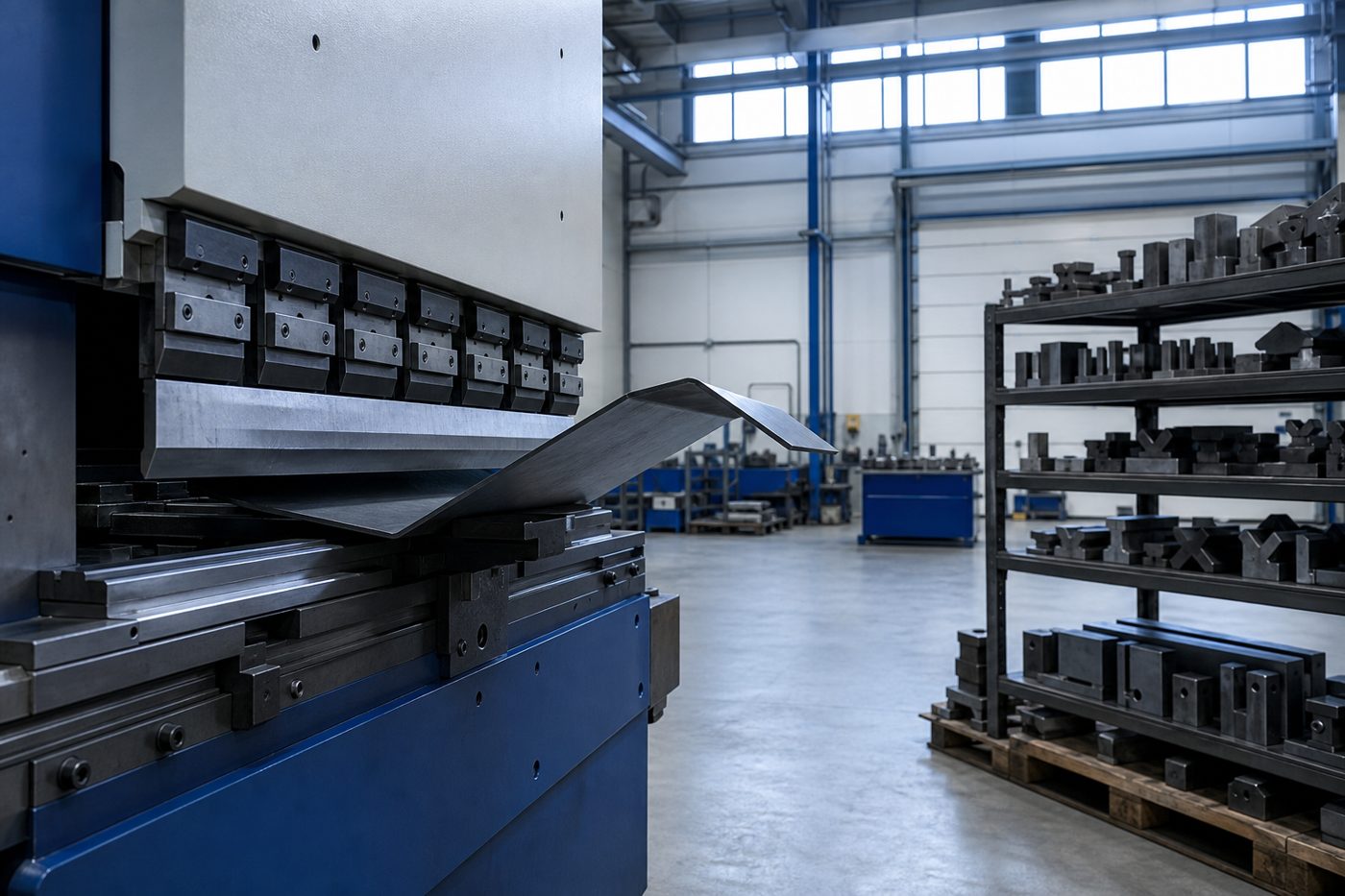 Press brake forming a steel sheet in the fabrication shop