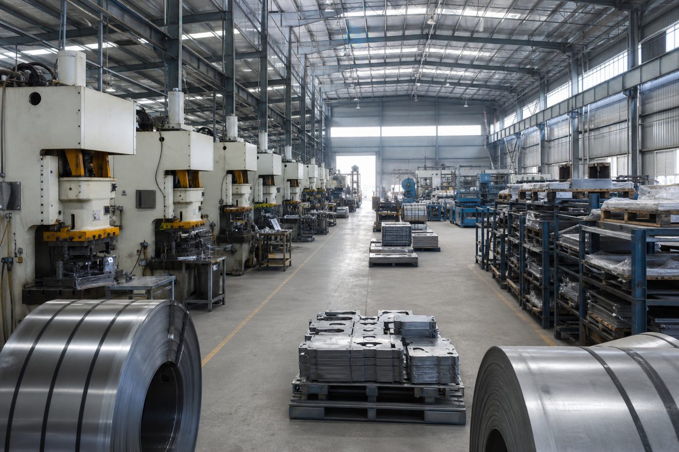 Wide view of the G&C fabrication plant floor with presses and welding stations