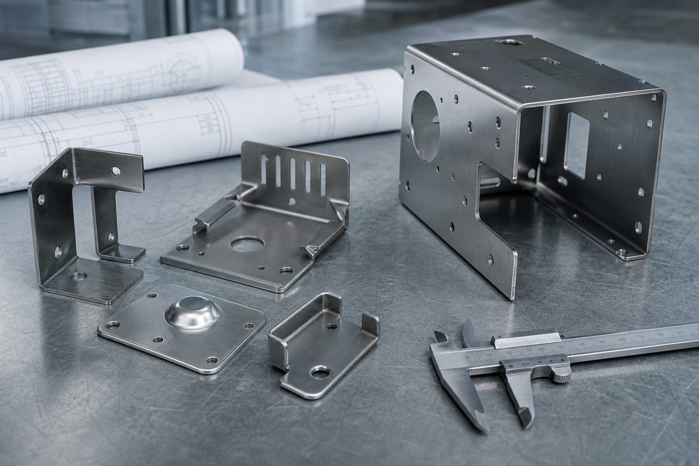 Precision sheet metal components on an inspection bench