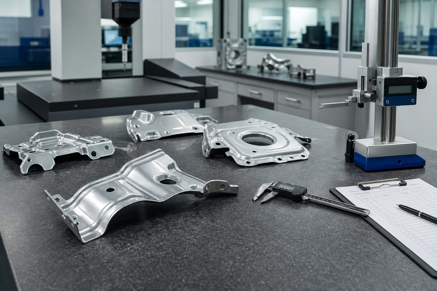 Dimensional inspection of stamped components on a granite surface plate